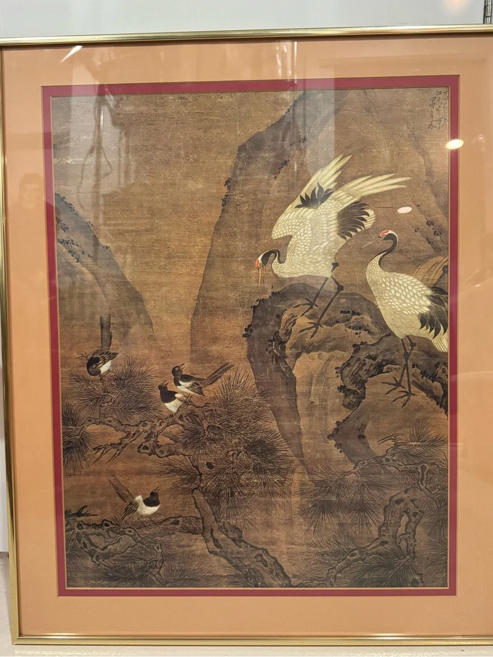 Vintage Chinese Li Chan Group of Magpies & Crane & 2 Cranes Framed Art Print